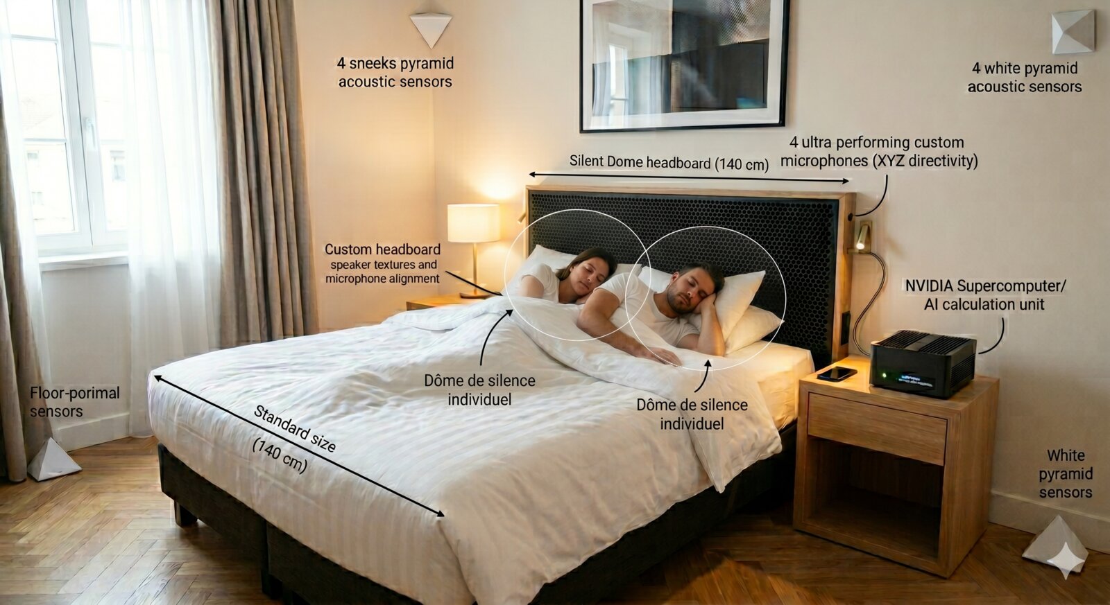 Silent Dome concept: two individual domes of silence above a bed, with acoustic sensors, microphones and an NVIDIA compute unit.
